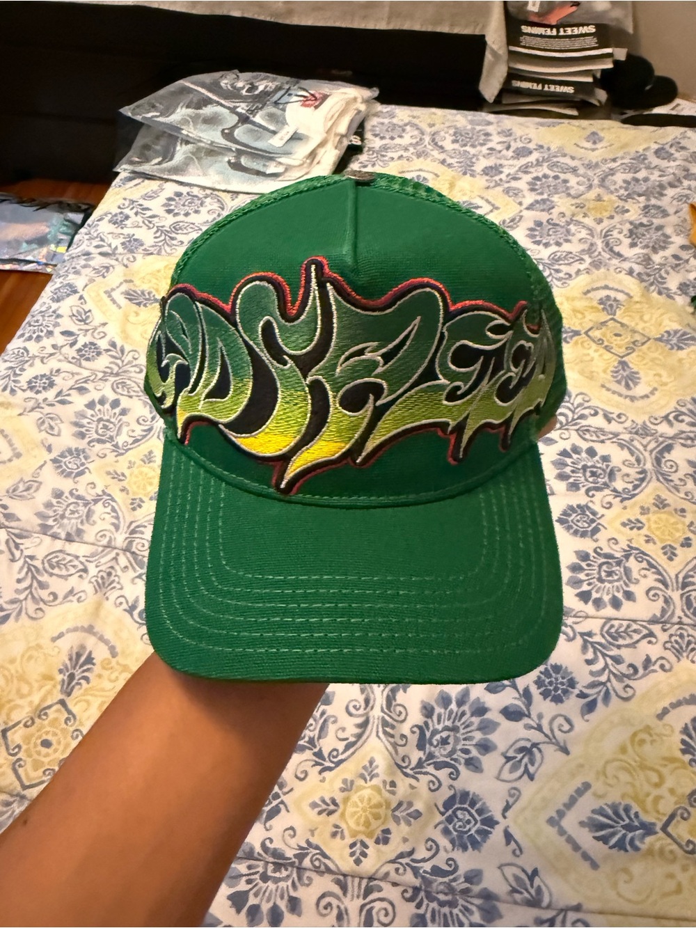 Godspeed Green Trucker Hat with Neon Flame Embroidered Design